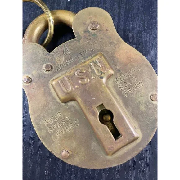 Big Vintage Admiralty Brass USN NavyNo. 4 Padlock and 2 Keys 4 Brass Levers Mi